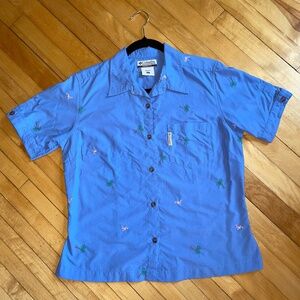 Columbia Short Sleeve Button Down Camp Shirt Embroidered Flamingos Palm Trees